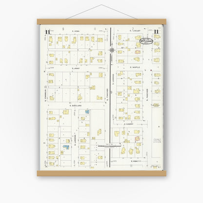 Old map wall art mockup — magnetic wood frame on white wall — Sanborn Fire Insurance Map from Mount Pleasant, Isabella County, Michigan (1924), Sheet #0011