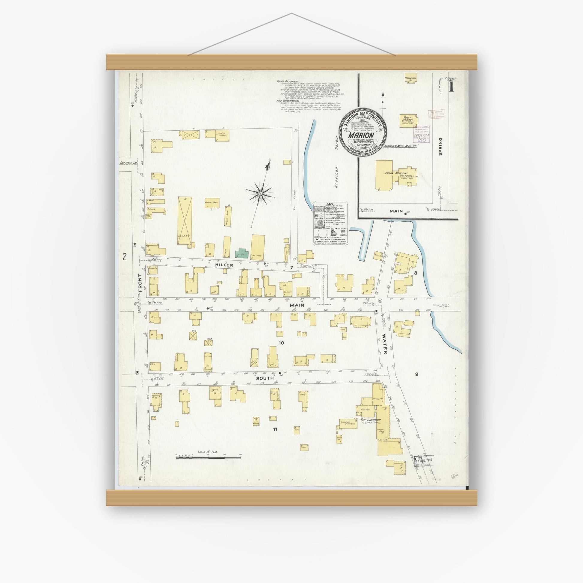 Old map wall art mockup — magnetic wood frame on white wall — Sanborn Fire Insurance Map from Marion, Plymouth County, Massachusetts (1908) - Complete Map Set