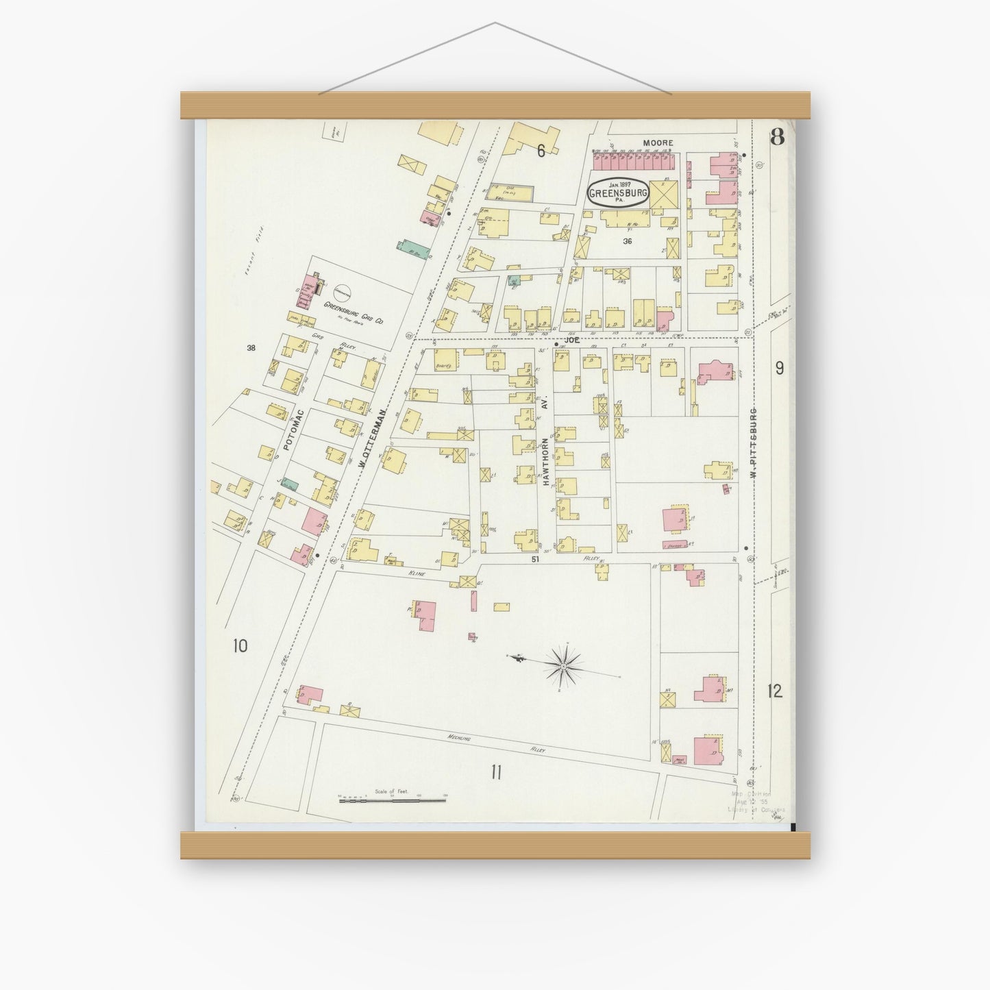 Old map wall art mockup — magnetic wood frame on white wall — Sanborn Fire Insurance Map from Greensburg, Westmoreland County, Pennsylvania (1897), Sheet #0008