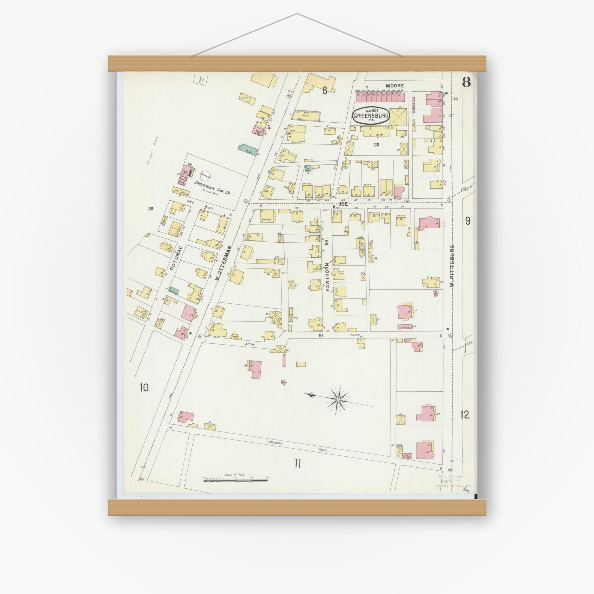 Old map wall art mockup — magnetic wood frame on white wall — Sanborn Fire Insurance Map from Greensburg, Westmoreland County, Pennsylvania (1897), Sheet #0008