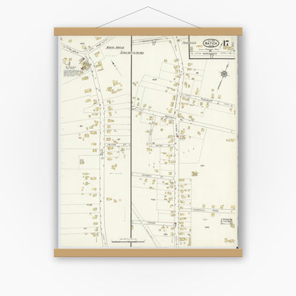 Old map wall art mockup — magnetic wood frame on white wall — Sanborn Fire Insurance Map from Natick, Middlesex County, Massachusetts (1915), Sheet #0017