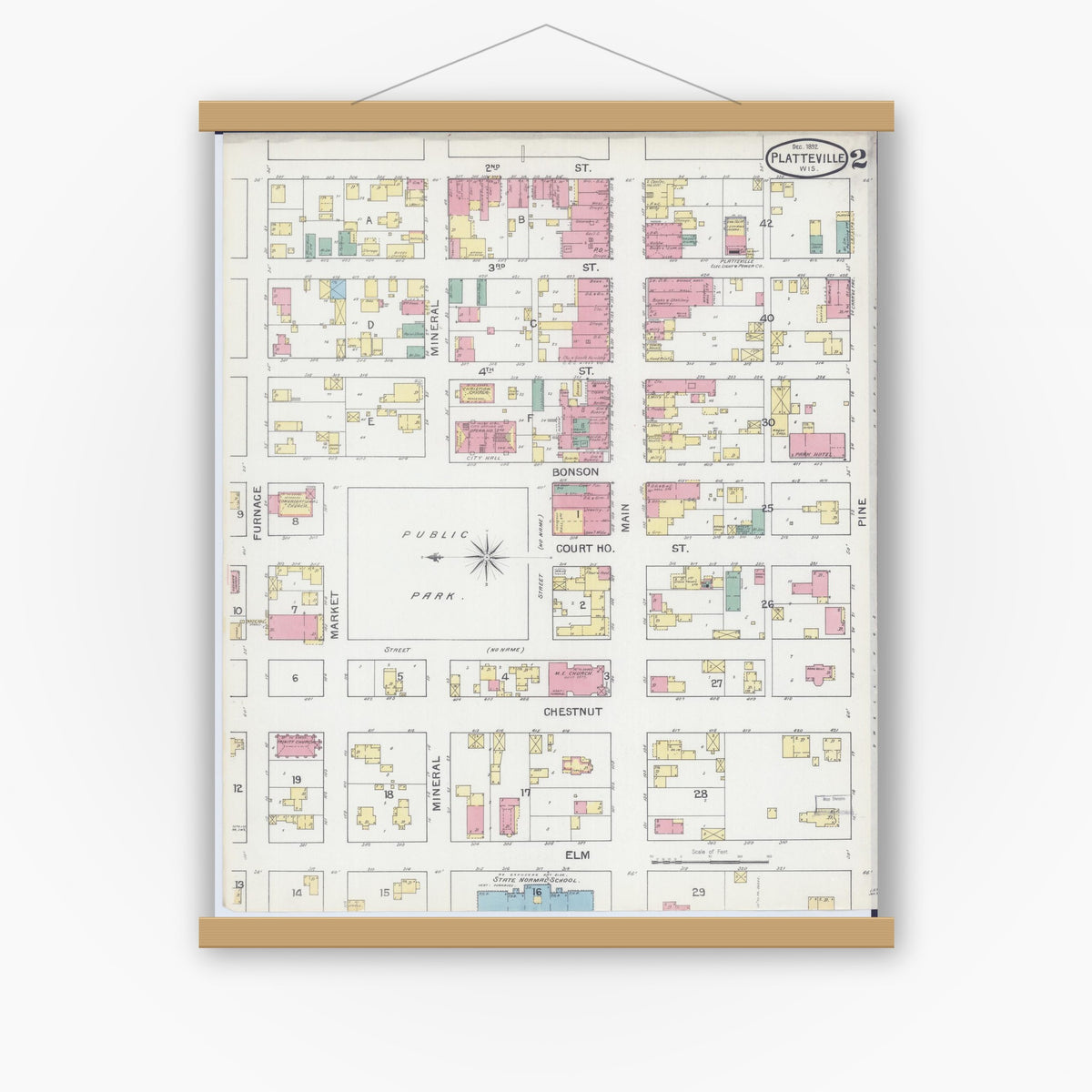 Old map wall art mockup — magnetic wood frame on white wall — Sanborn Fire Insurance Map from Platteville, Grant County, Wisconsin (1892), Sheet #0002