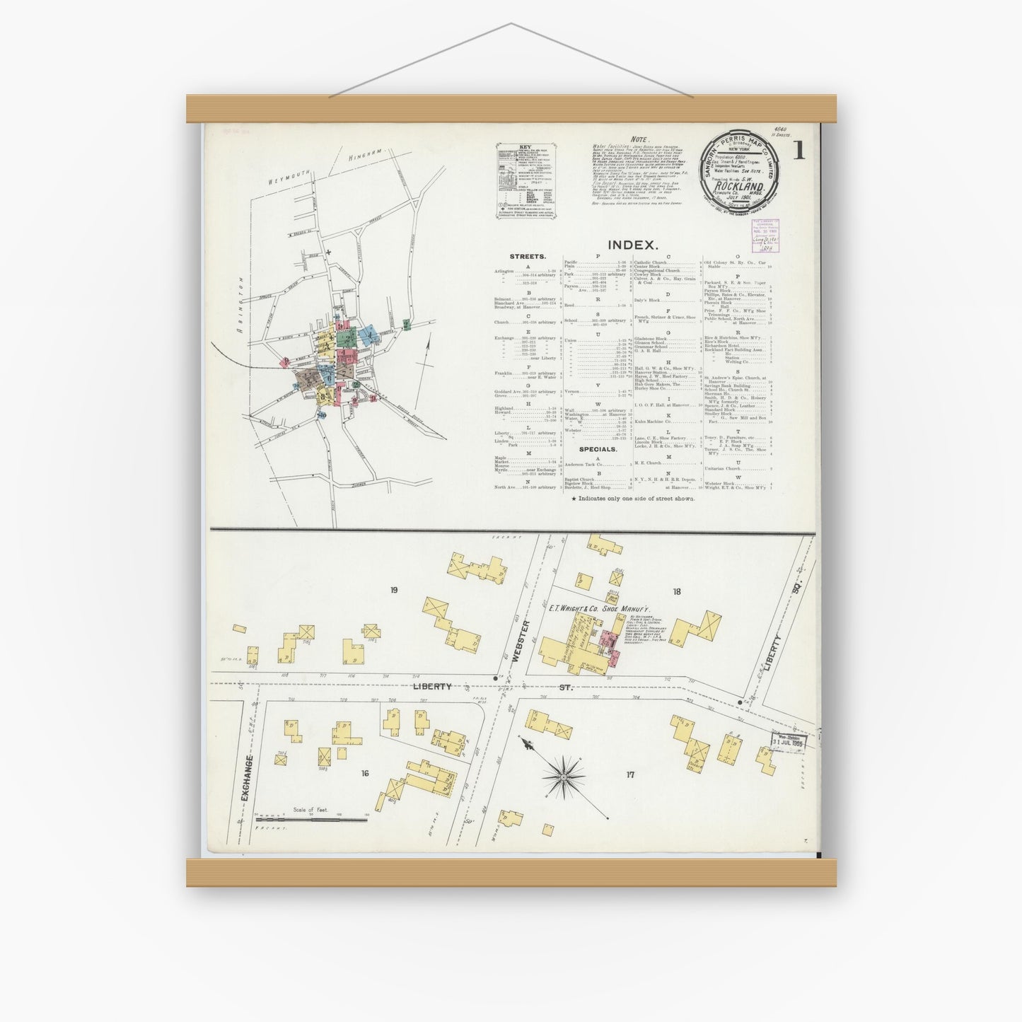 Old map wall art mockup — magnetic wood frame on white wall — Sanborn Fire Insurance Map from Rockland, Plymouth County, Massachusetts (1901), Sheet #0001