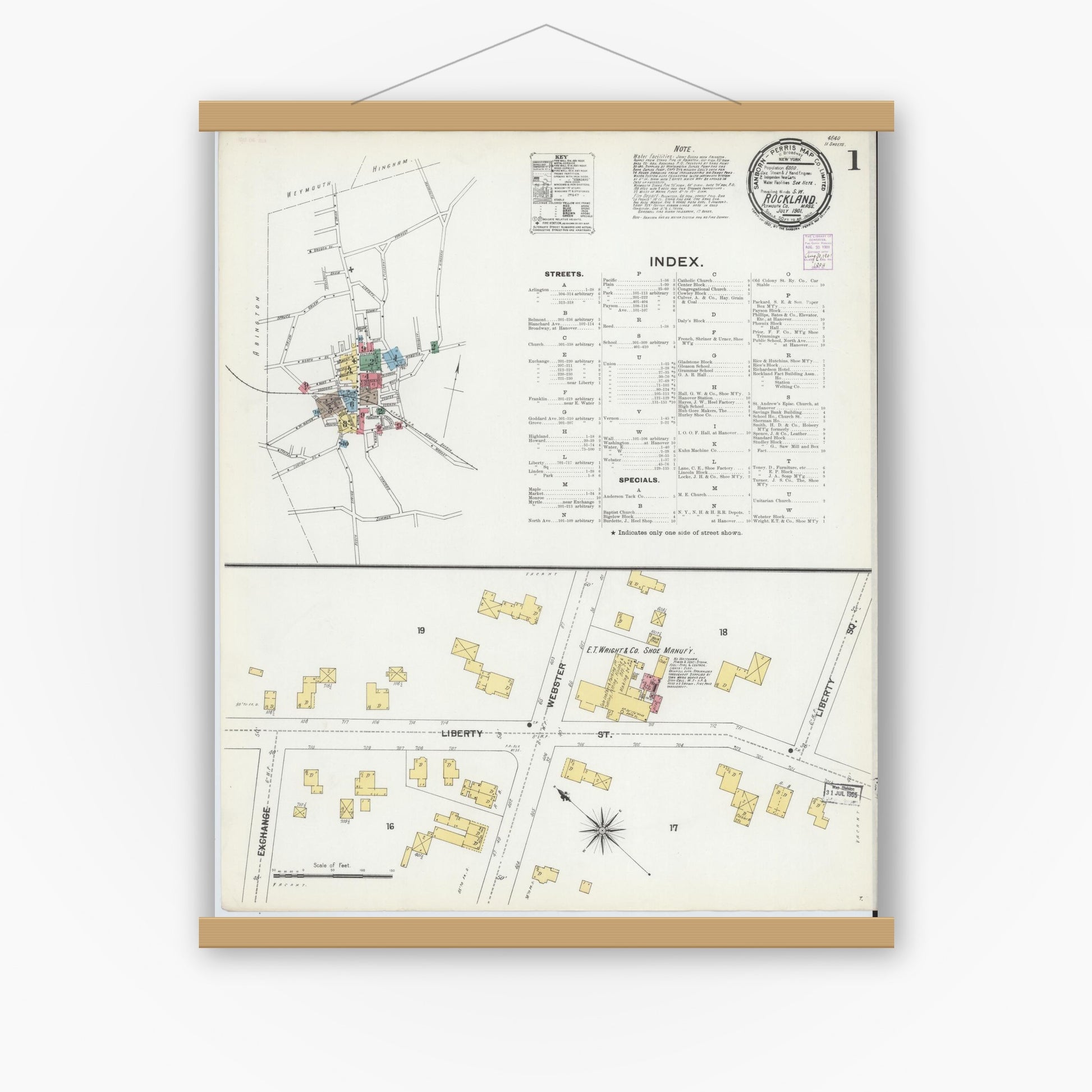 Old map wall art mockup — magnetic wood frame on white wall — Sanborn Fire Insurance Map from Rockland, Plymouth County, Massachusetts (1901), Sheet #0001