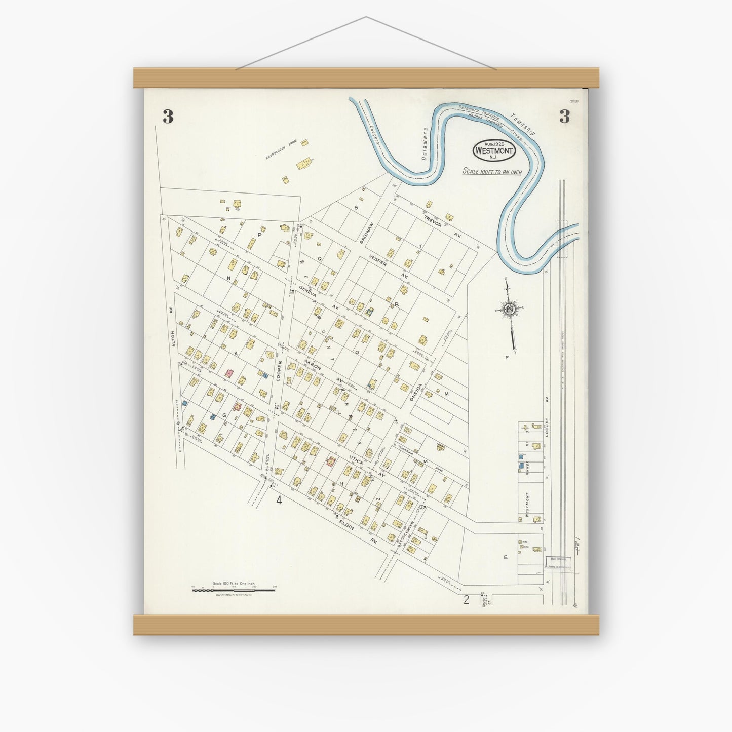 Old map wall art mockup — magnetic wood frame on white wall — Sanborn Fire Insurance Map from Westmont, Camden County, New Jersey (1925), Sheet #0003
