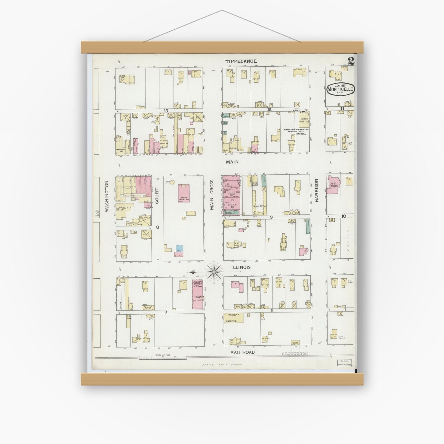 Old map wall art mockup — magnetic wood frame on white wall — Sanborn Fire Insurance Map from Monticello, White County, Indiana (1893), Sheet #0002