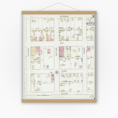 Old map wall art mockup — magnetic wood frame on white wall — Sanborn Fire Insurance Map from Monticello, White County, Indiana (1893), Sheet #0002