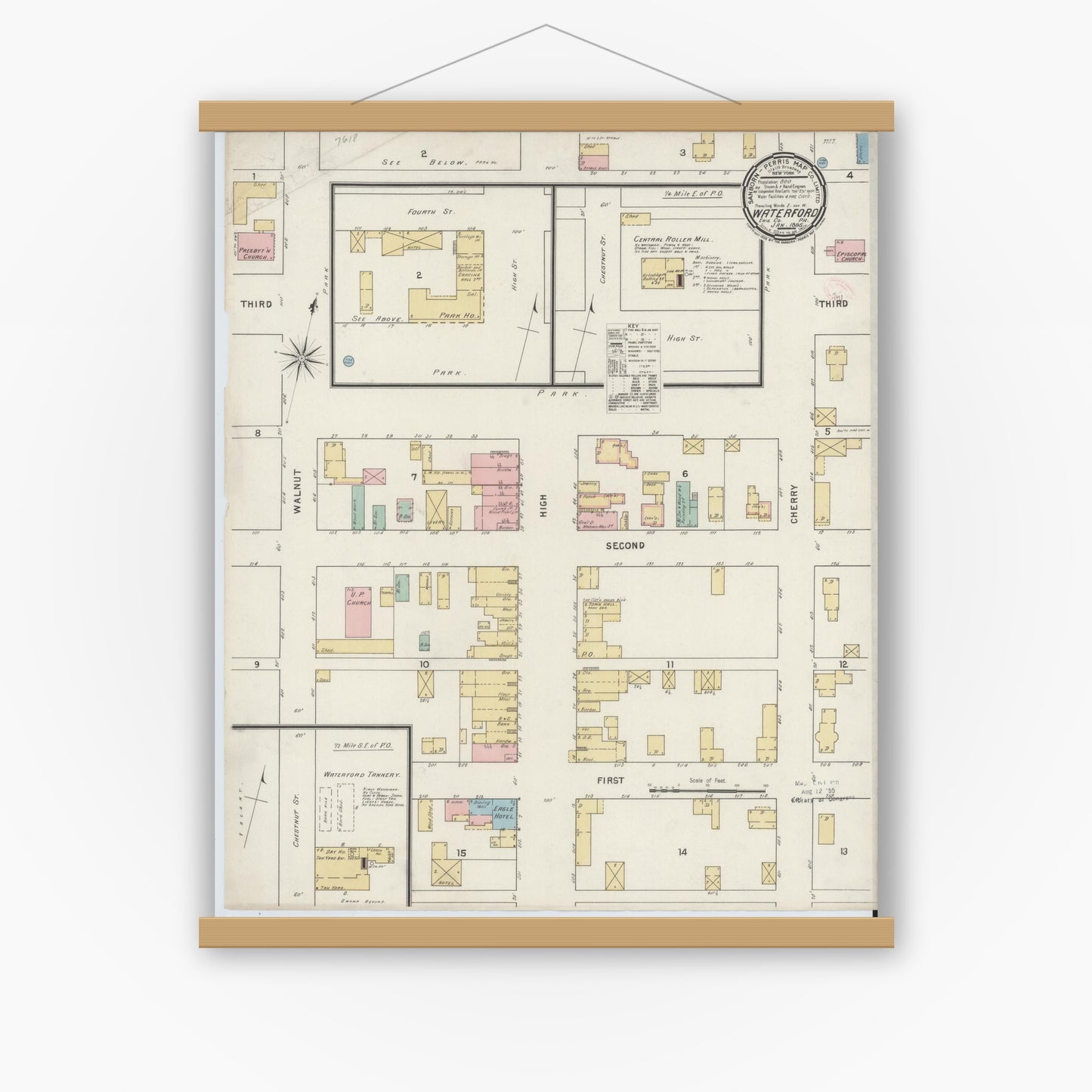 Old map wall art mockup — magnetic wood frame on white wall — Sanborn Fire Insurance Map from Waterford, Erie County, Pennsylvania (1895), Sheet #0001