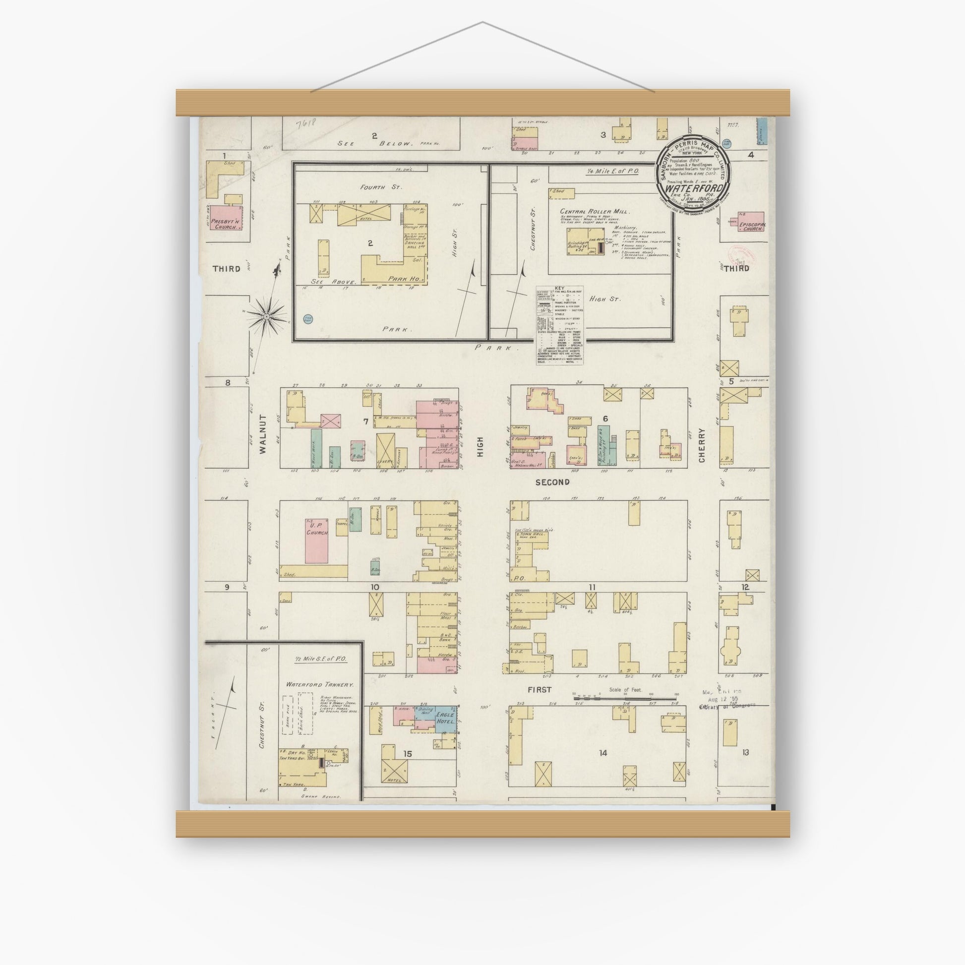 Old map wall art mockup — magnetic wood frame on white wall — Sanborn Fire Insurance Map from Waterford, Erie County, Pennsylvania (1895), Sheet #0001