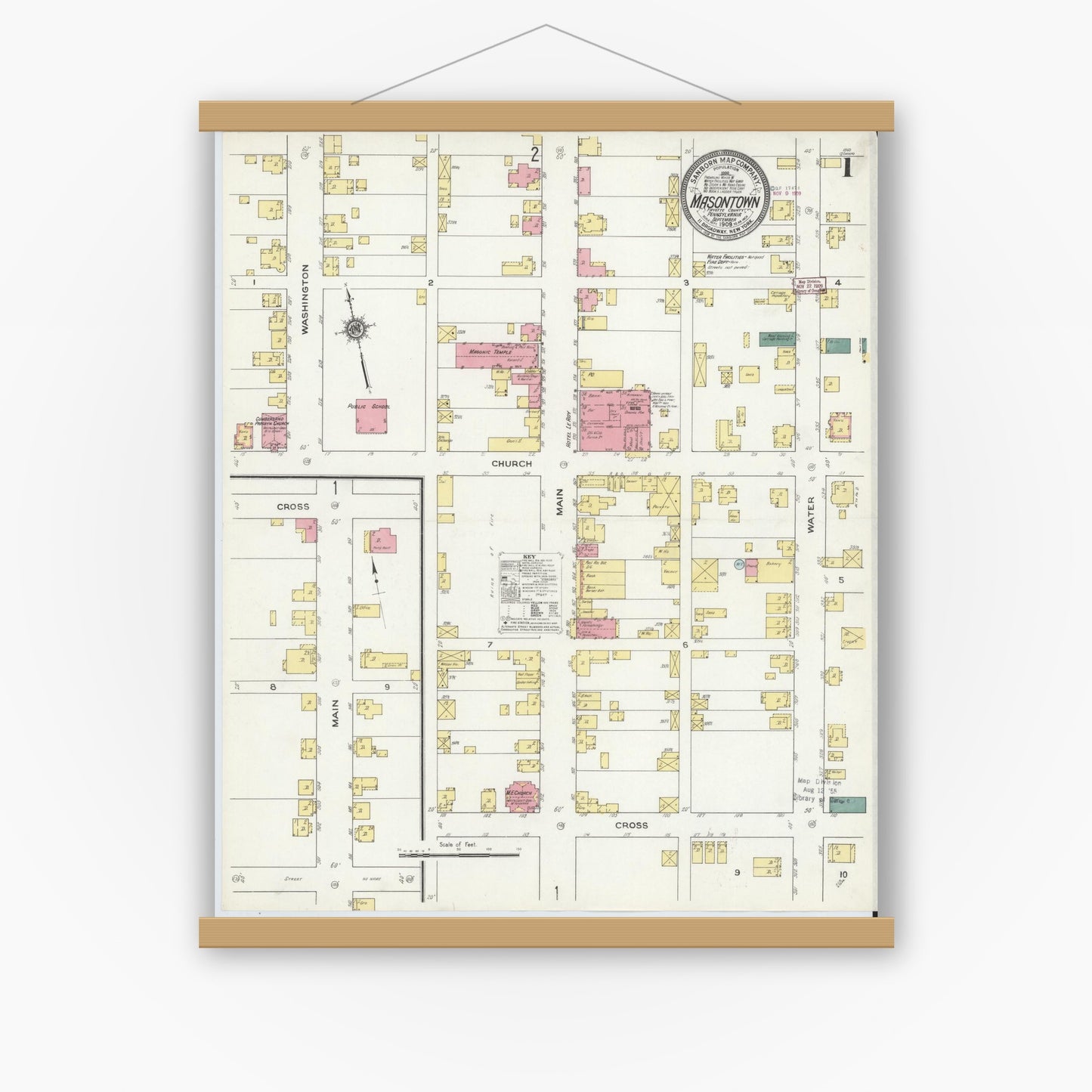 Old map wall art mockup — magnetic wood frame on white wall — Sanborn Fire Insurance Map from Masontown, Fayette County, Pennsylvania (1909) - Complete Map Set