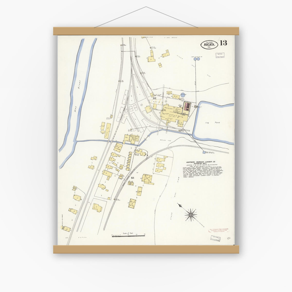 Old map wall art mockup — magnetic wood frame on white wall — Sanborn Fire Insurance Map from Arcata, Humboldt County, California (1908), Sheet #0013