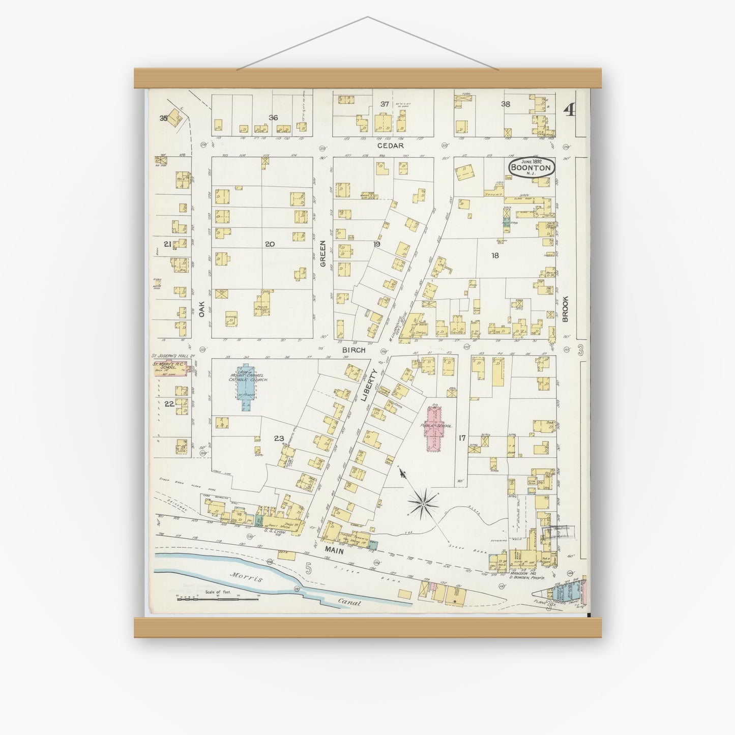 Old map wall art mockup — magnetic wood frame on white wall — Sanborn Fire Insurance Map from Boonton, Morris County, New Jersey (1892), Sheet #0004
