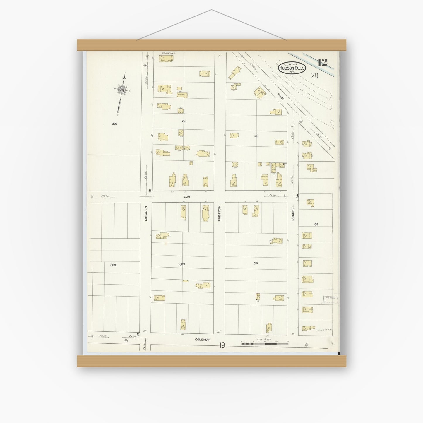 Old map wall art mockup — magnetic wood frame on white wall — Sanborn Fire Insurance Map from Hudson Falls, Washington County, New York (1913), Sheet #0012