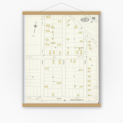 Old map wall art mockup — magnetic wood frame on white wall — Sanborn Fire Insurance Map from Hudson Falls, Washington County, New York (1913), Sheet #0012