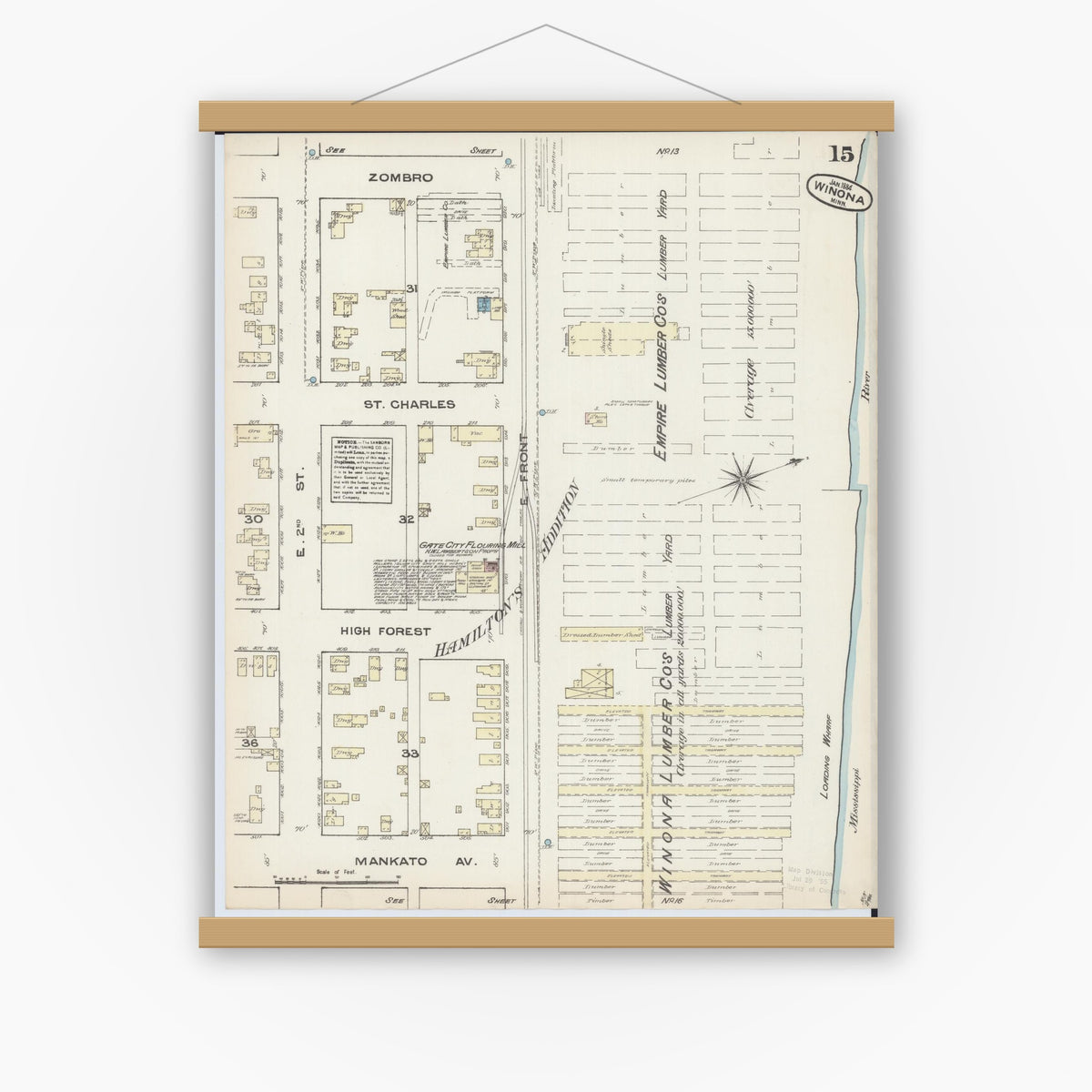 Old map wall art mockup — magnetic wood frame on white wall — Sanborn Fire Insurance Map from Winona, Winona County, Minnesota (1884), Sheet #0015