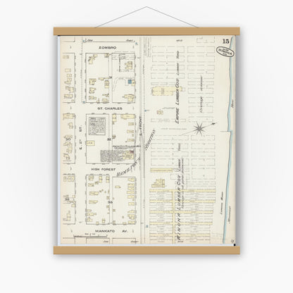 Old map wall art mockup — magnetic wood frame on white wall — Sanborn Fire Insurance Map from Winona, Winona County, Minnesota (1884), Sheet #0015