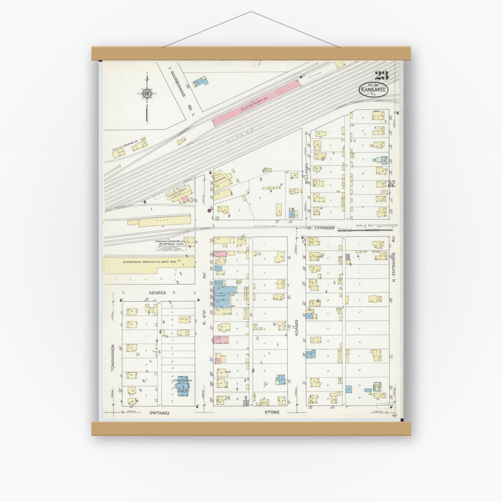 Old map wall art mockup — magnetic wood frame on white wall — Sanborn Fire Insurance Map from Kankakee, Kankakee County, Illinois (1914), Sheet #0023