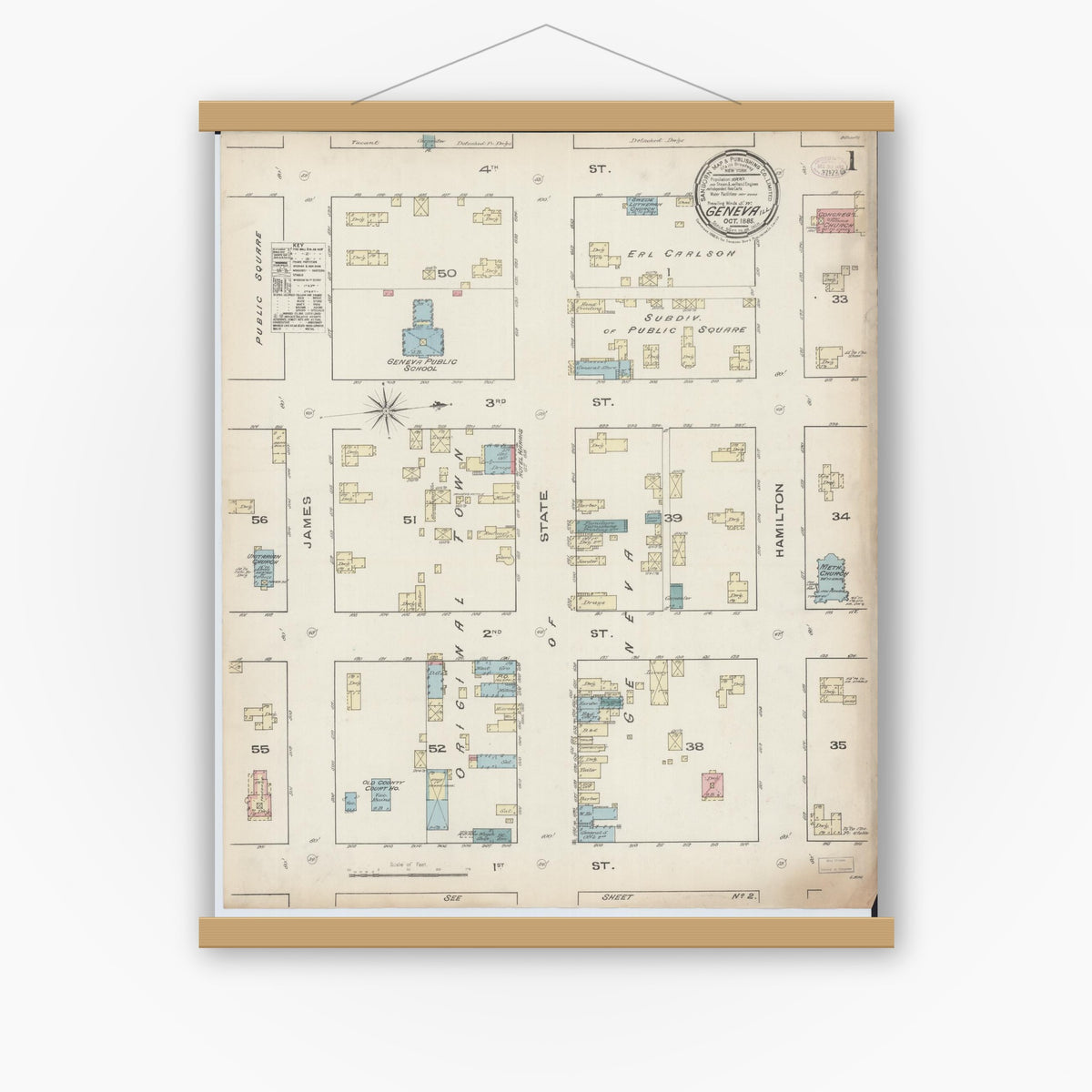 Old map wall art mockup — magnetic wood frame on white wall — Sanborn Fire Insurance Map from Geneva, Kane County, Illinois (1885) - Complete Map Set