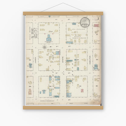 Old map wall art mockup — magnetic wood frame on white wall — Sanborn Fire Insurance Map from Geneva, Kane County, Illinois (1885) - Complete Map Set