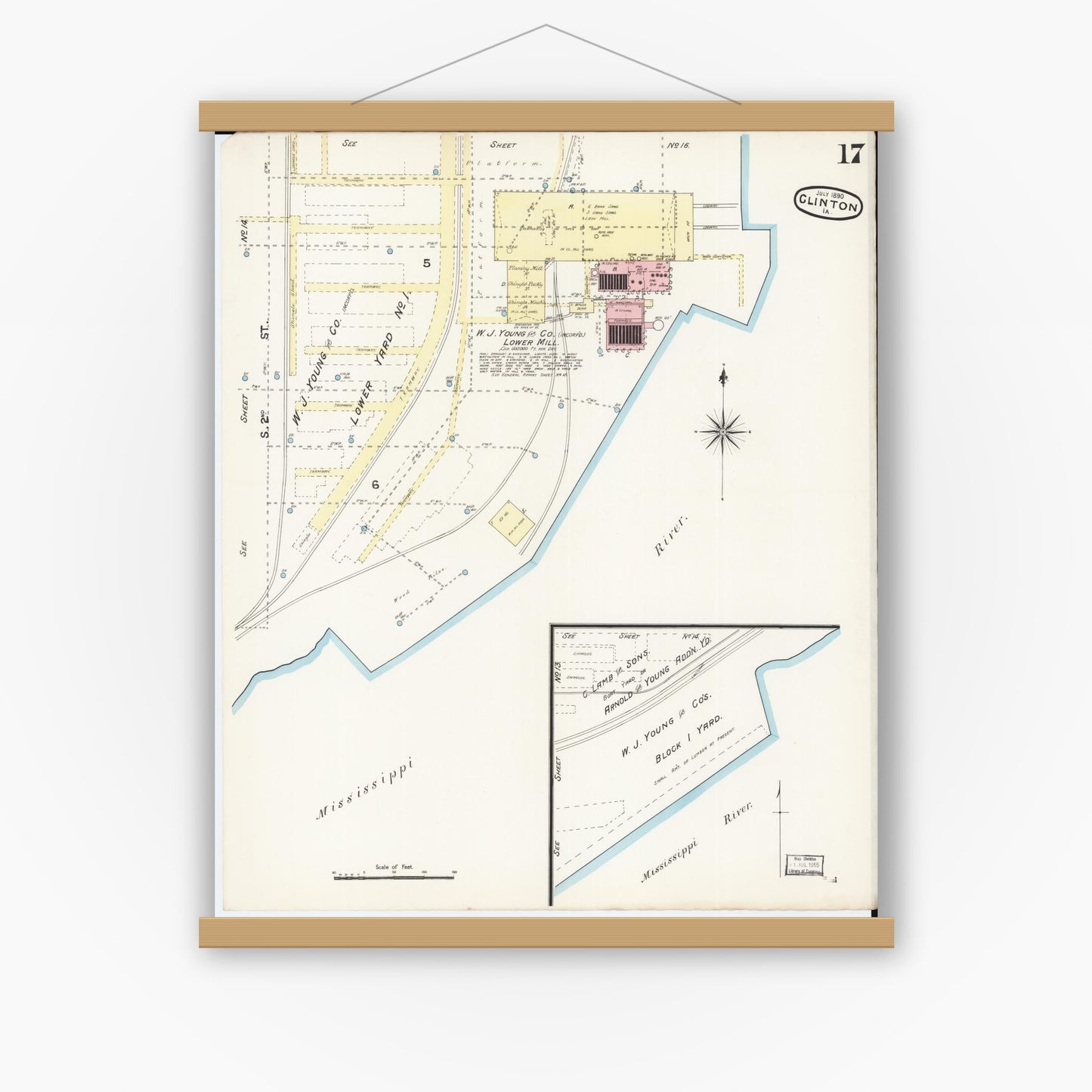 Old map wall art mockup — magnetic wood frame on white wall — Sanborn Fire Insurance Map from Clinton, Clinton County, Iowa (1890), Sheet #0017