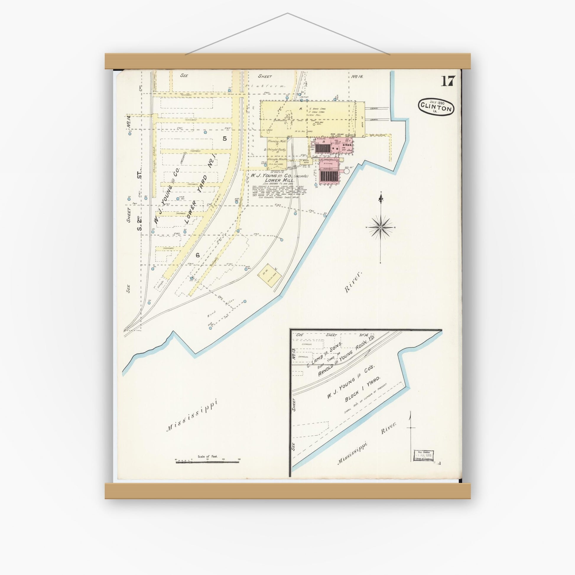 Old map wall art mockup — magnetic wood frame on white wall — Sanborn Fire Insurance Map from Clinton, Clinton County, Iowa (1890), Sheet #0017