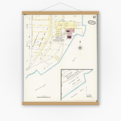 Old map wall art mockup — magnetic wood frame on white wall — Sanborn Fire Insurance Map from Clinton, Clinton County, Iowa (1890), Sheet #0017