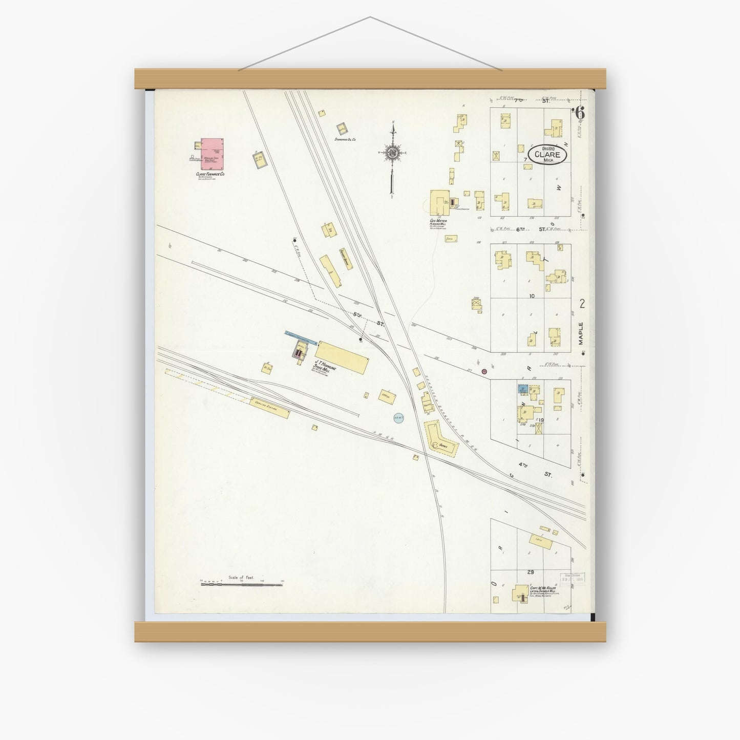 Old map wall art mockup — magnetic wood frame on white wall — Sanborn Fire Insurance Map from Clare, Clare County, Michigan (1910), Sheet #0006
