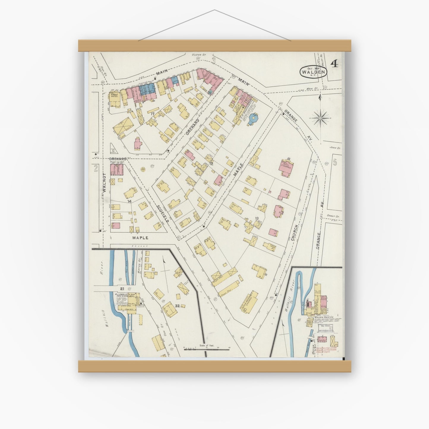 Old map wall art mockup — magnetic wood frame on white wall — Sanborn Fire Insurance Map from Walden, Orange County, New York (1894), Sheet #0004