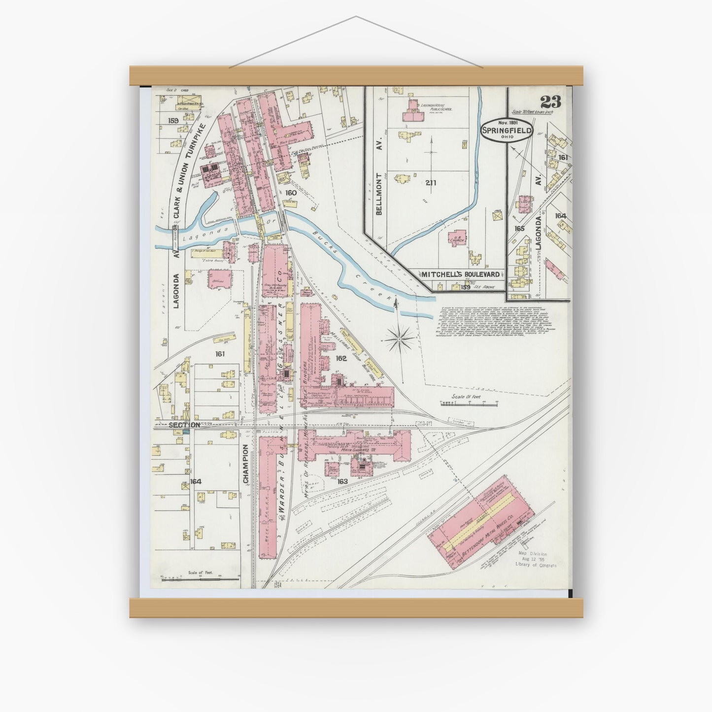 Old map wall art mockup — magnetic wood frame on white wall — Sanborn Fire Insurance Map from Springfield, Clark County, Ohio (1891), Sheet #0023