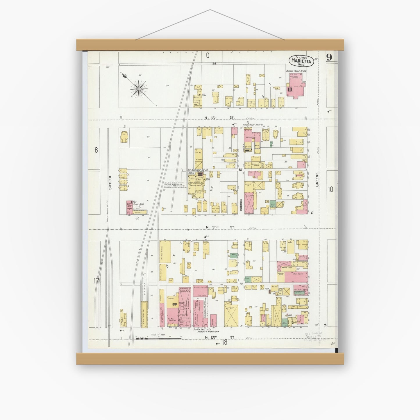 Old map wall art mockup — magnetic wood frame on white wall — Sanborn Fire Insurance Map from Marietta, Washington County, Ohio (1900), Sheet #0009