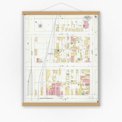 Old map wall art mockup — magnetic wood frame on white wall — Sanborn Fire Insurance Map from Marietta, Washington County, Ohio (1900), Sheet #0009