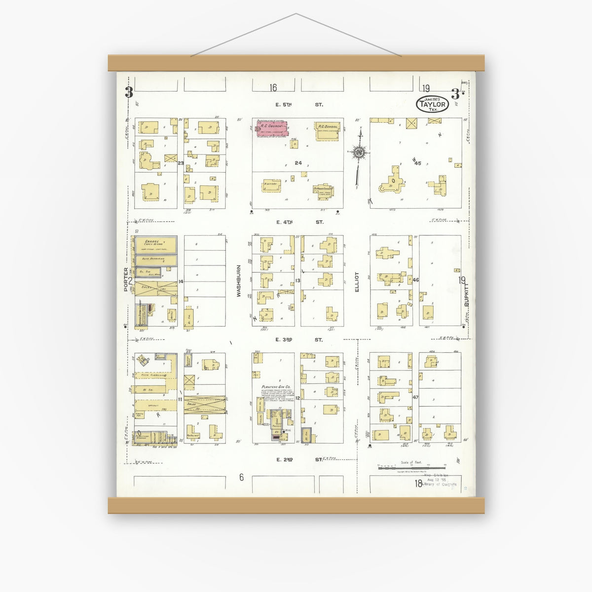 Old map wall art mockup — magnetic wood frame on white wall — Sanborn Fire Insurance Map from Taylor, Williamson County, Texas (1923), Sheet #0003