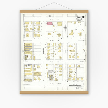 Old map wall art mockup — magnetic wood frame on white wall — Sanborn Fire Insurance Map from Taylor, Williamson County, Texas (1923), Sheet #0003