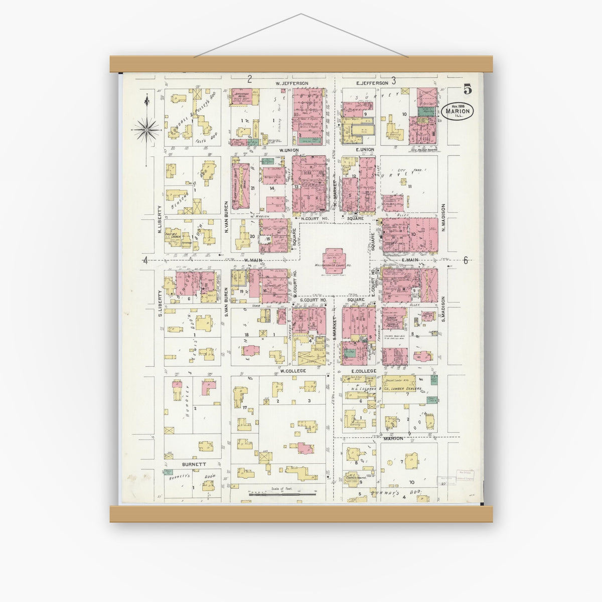Old map wall art mockup — magnetic wood frame on white wall — Sanborn Fire Insurance Map from Marion, Williamson County, Illinois (1906), Sheet #0005