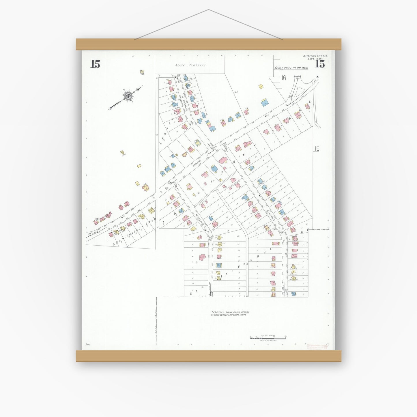 Old map wall art mockup — magnetic wood frame on white wall — Sanborn Fire Insurance Map from Jefferson City, Cole County, Missouri (1939), Sheet #0015