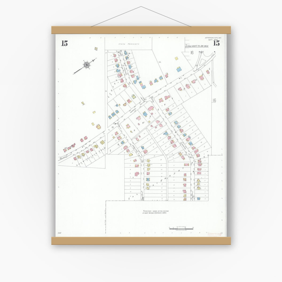 Old map wall art mockup — magnetic wood frame on white wall — Sanborn Fire Insurance Map from Jefferson City, Cole County, Missouri (1939), Sheet #0015