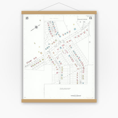 Old map wall art mockup — magnetic wood frame on white wall — Sanborn Fire Insurance Map from Jefferson City, Cole County, Missouri (1939), Sheet #0015
