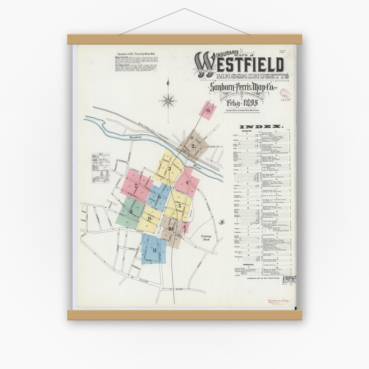 Old map wall art mockup — magnetic wood frame on white wall — Sanborn Fire Insurance Map from Westfield, Hampden County, Massachusetts (1895), Sheet #0001
