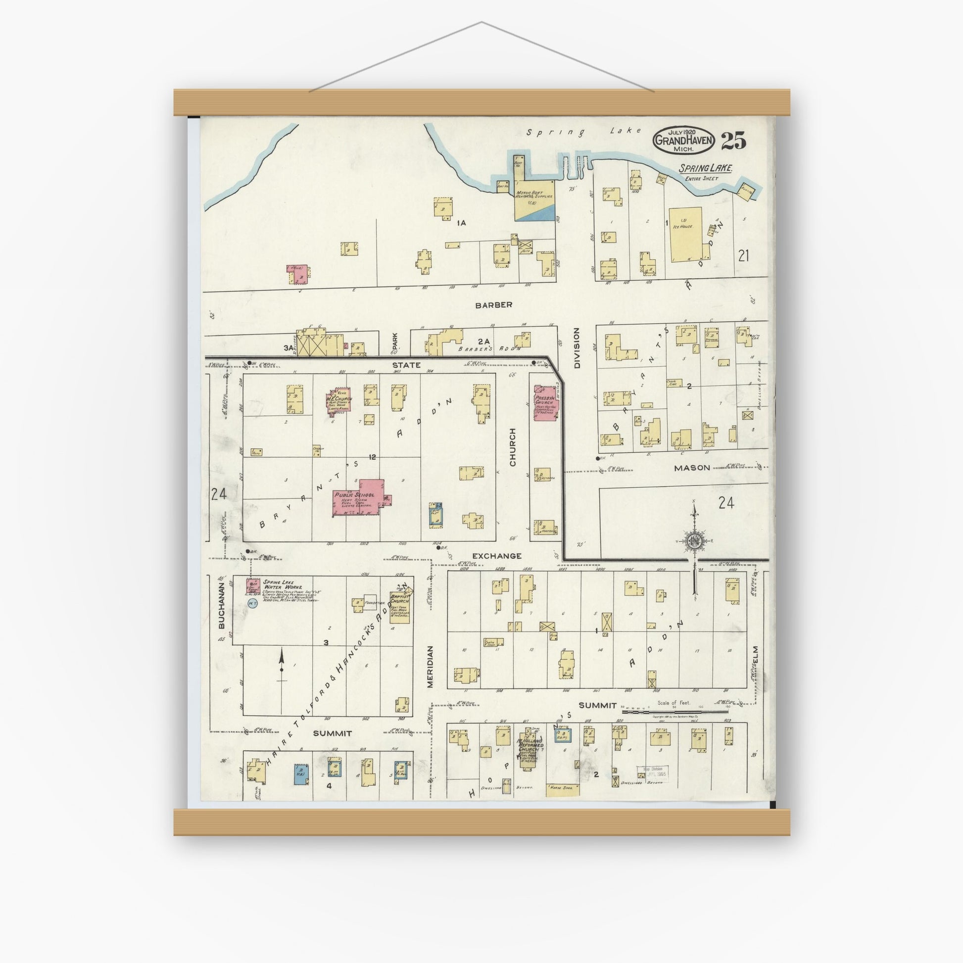 Old map wall art mockup — magnetic wood frame on white wall — Sanborn Fire Insurance Map from Grand Haven, Ottawa County, Michigan (1920), Sheet #0025