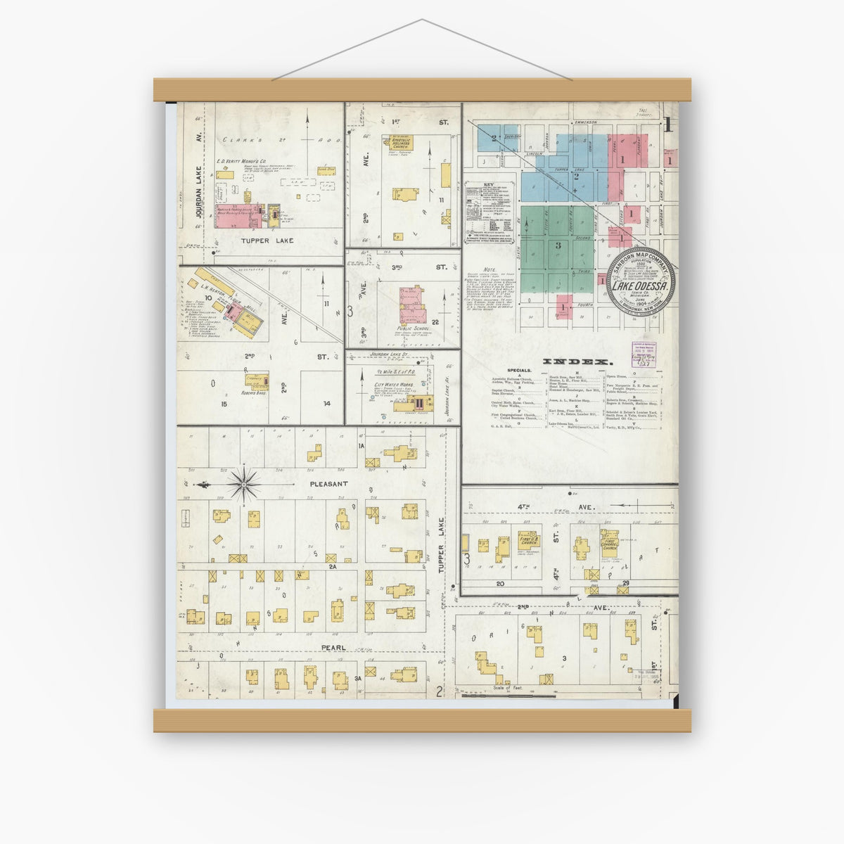 Old map wall art mockup — magnetic wood frame on white wall — Sanborn Fire Insurance Map from Lake Odessa, Ionia County, Michigan (1904), Sheet #0001