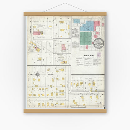 Old map wall art mockup — magnetic wood frame on white wall — Sanborn Fire Insurance Map from Lake Odessa, Ionia County, Michigan (1904), Sheet #0001