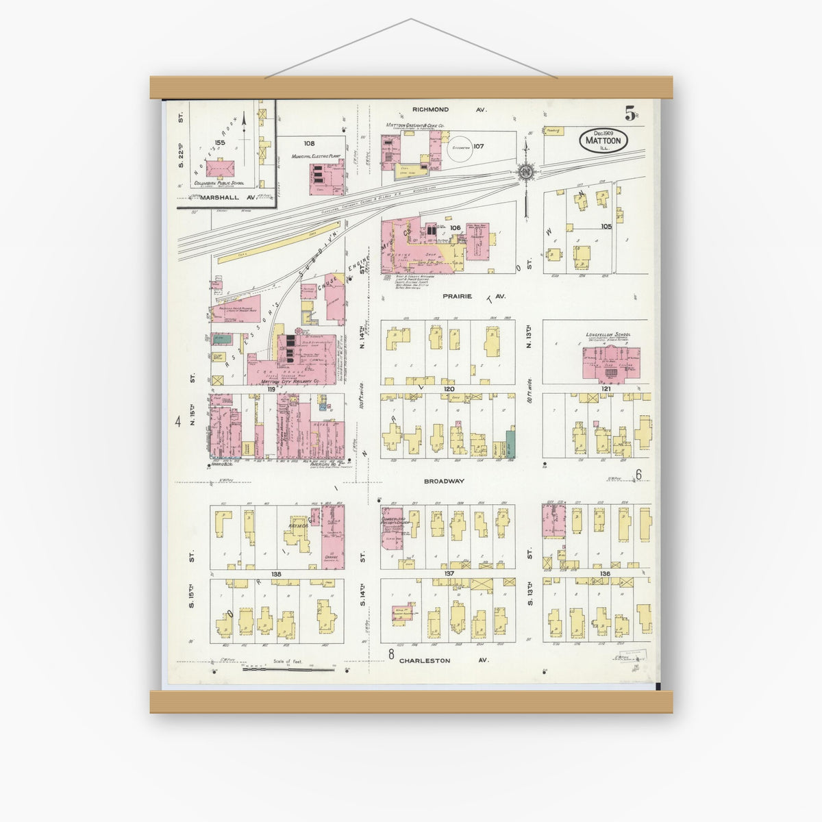 Old map wall art mockup — magnetic wood frame on white wall — Sanborn Fire Insurance Map from Mattoon, Coles County, Illinois (1909), Sheet #0005