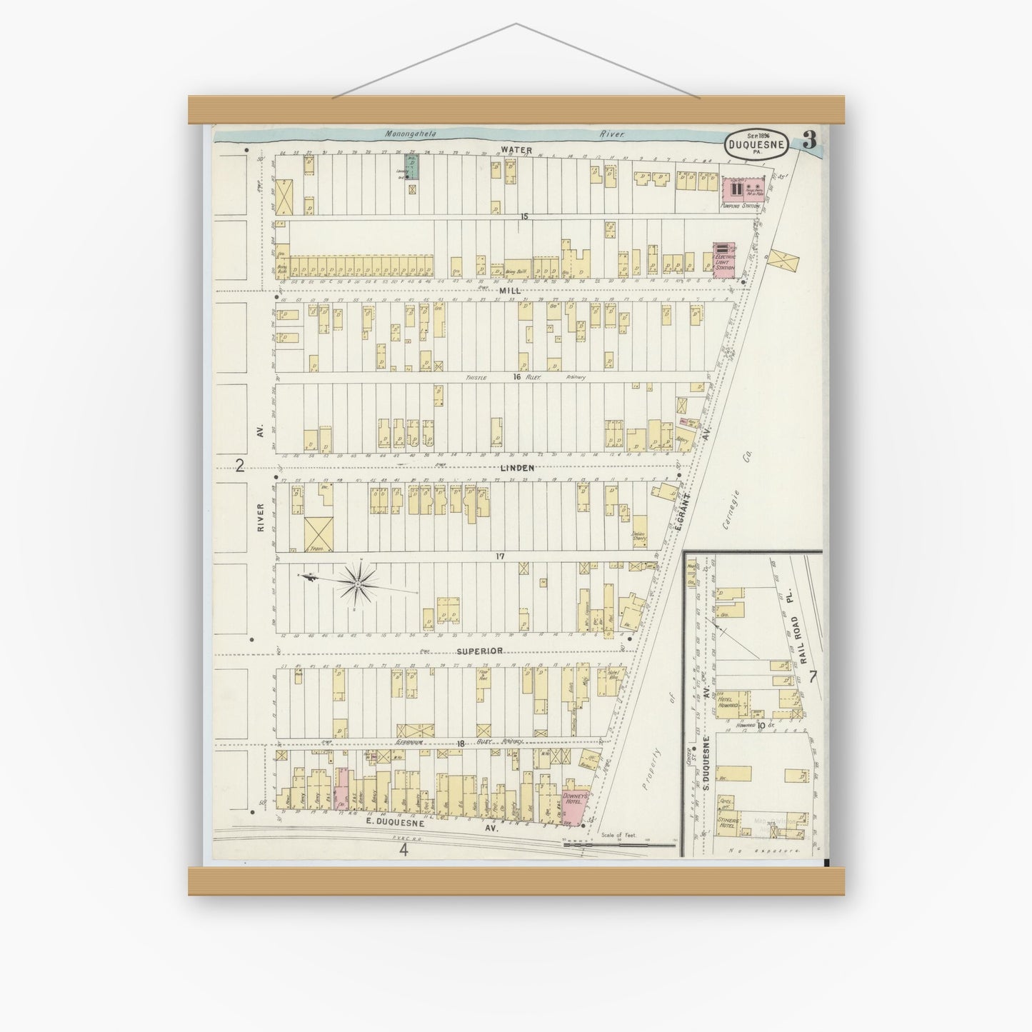 Old map wall art mockup — magnetic wood frame on white wall — Sanborn Fire Insurance Map from Duquesne, Allegheny County, Pennsylvania (1896), Sheet #0003
