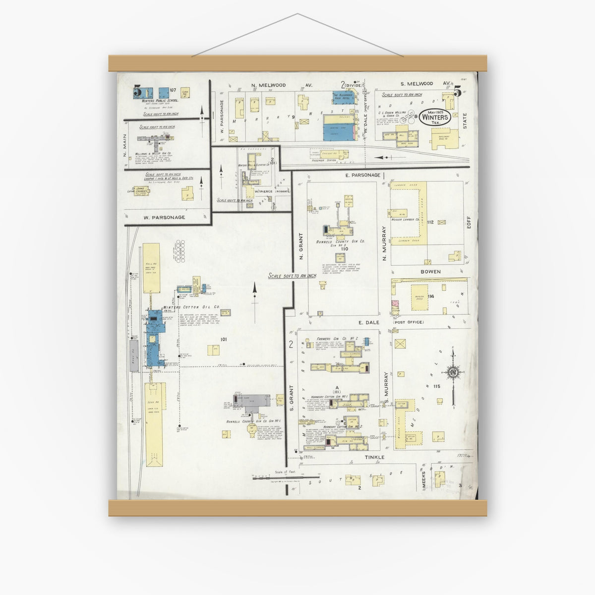 Old map wall art mockup — magnetic wood frame on white wall — Sanborn Fire Insurance Map from Winters, Runnels County, Texas (1925), Sheet #0005