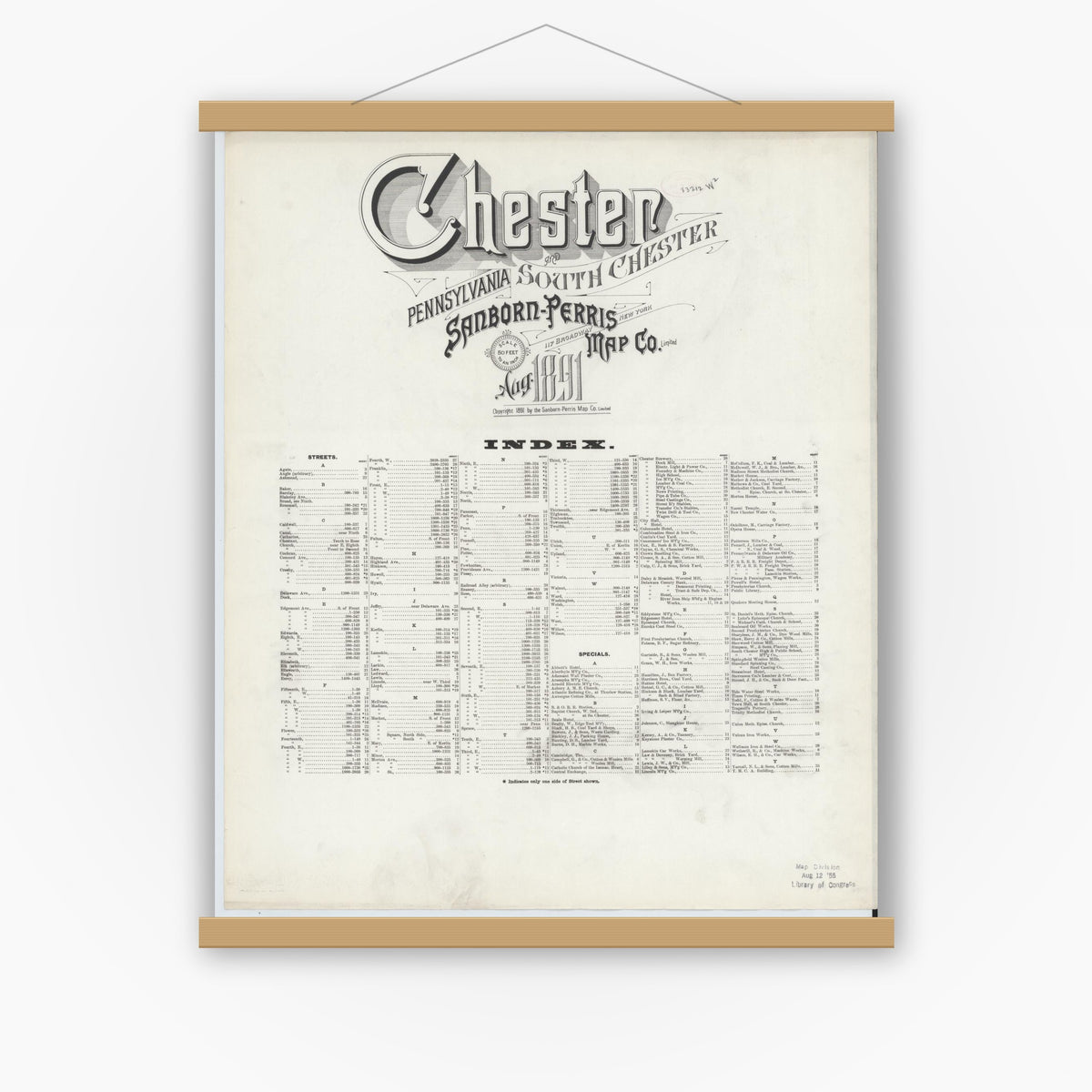Old map wall art mockup — magnetic wood frame on white wall — Sanborn Fire Insurance Map from Chester, Delaware County, Pennsylvania (1891), Sheet #0001