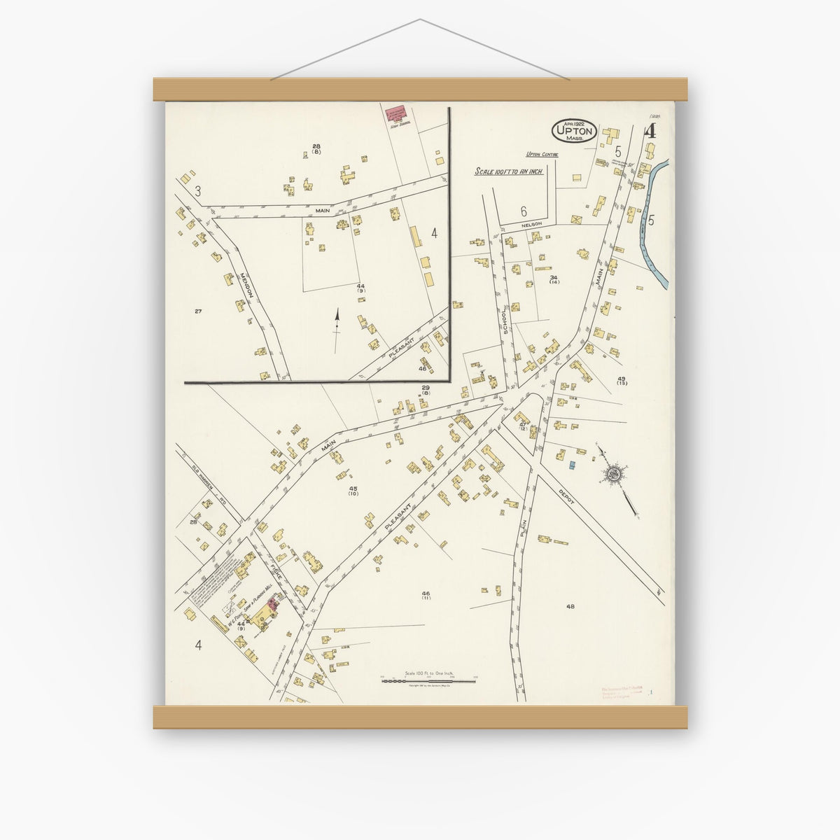 Old map wall art mockup — magnetic wood frame on white wall — Sanborn Fire Insurance Map from Upton, Worcester County, Massachusetts (1922), Sheet #0004