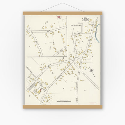 Old map wall art mockup — magnetic wood frame on white wall — Sanborn Fire Insurance Map from Upton, Worcester County, Massachusetts (1922), Sheet #0004