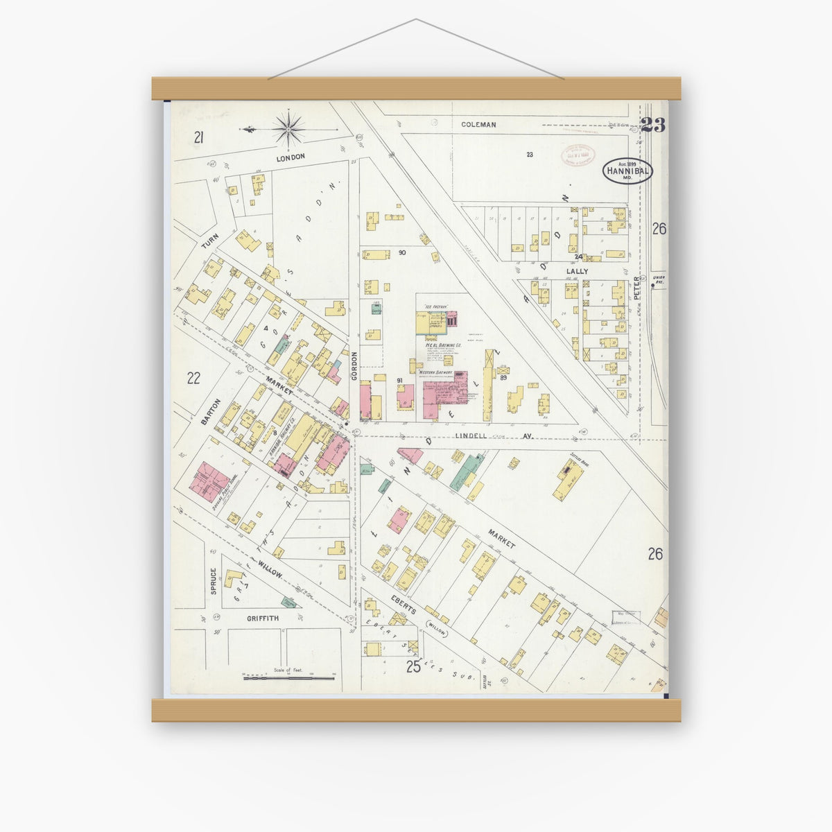 Old map wall art mockup — magnetic wood frame on white wall — Sanborn Fire Insurance Map from Hannibal, Marion County, Missouri (1899), Sheet #0023