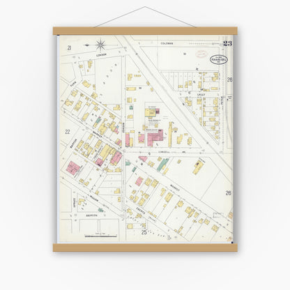 Old map wall art mockup — magnetic wood frame on white wall — Sanborn Fire Insurance Map from Hannibal, Marion County, Missouri (1899), Sheet #0023