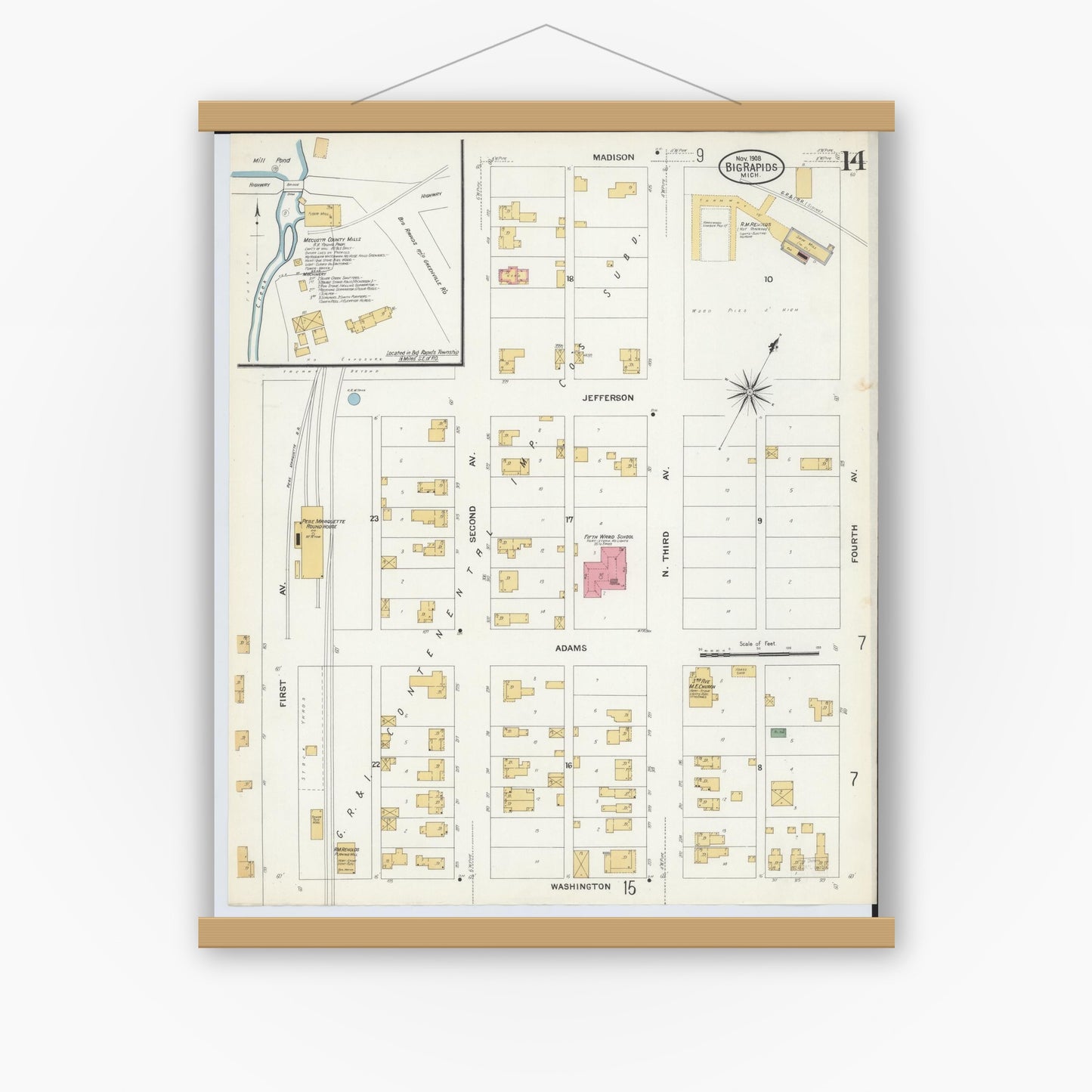 Old map wall art mockup — magnetic wood frame on white wall — Sanborn Fire Insurance Map from Big Rapids, Mecosta County, Michigan (1908), Sheet #0014